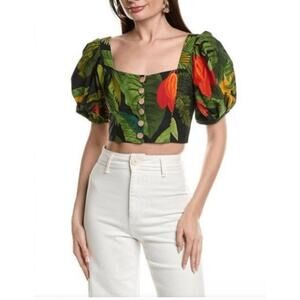 Farm Rio Cocoa Forest Crop Top Puff sleeve tropical Resort Wear Boho Safari